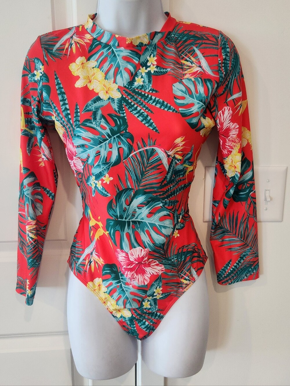 Tropical Red Floral Long Sleeve One-Piece